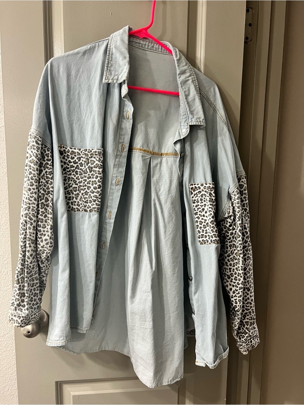 Light Wash Denim Button-Up Shirt with Leopard Print Accents